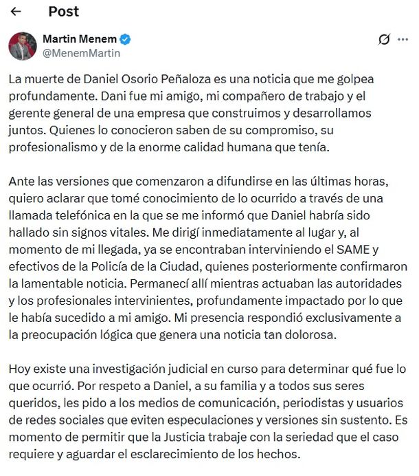 El posteo de Martín Menem por la muerte de su socio