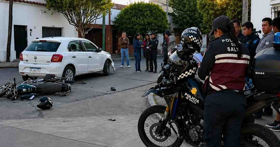 Choque entre un auto y una moto dejó dos personas heridas en una esquina de Salta