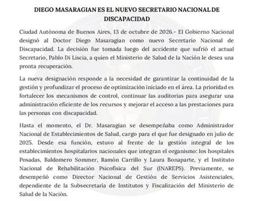 El Gobierno Nacional designó a Diego Masaragian como nuevo Secretario Nacional de Discapacidad
