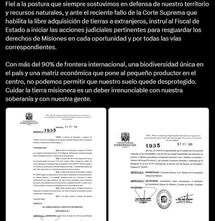 Hugo Passalacqua recurre a la Justicia para frenar la Ley de Tierras en Misiones