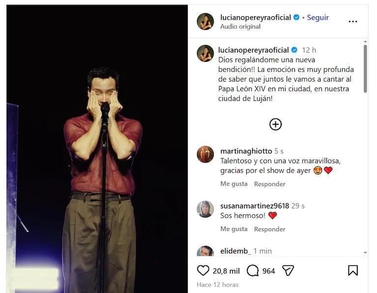 Luciano Pereyra rompió en llanto al anunciar que le cantará al Papa León en Luján: “Dios me regala una bendición”